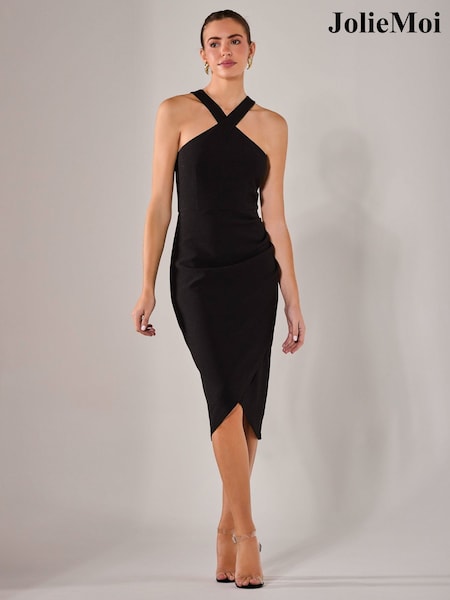 Jolie Moi Black Cross-Over Halter Neck Midi Dress (W27391) | £65