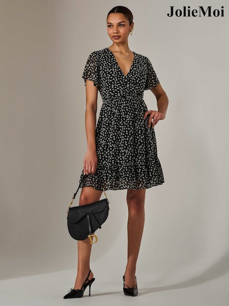 Jolie Moi Black Chiffon Short Sleeve Tie Waist Mini Dress (W27394) | £60