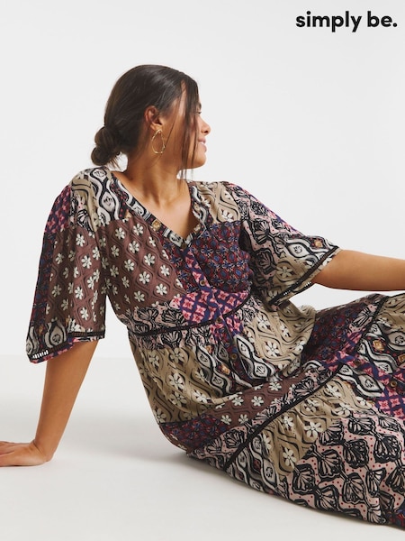 Simply Be Brown Crinkle Tiered Maxi Dress With Ladder Trim (W27417) | £44