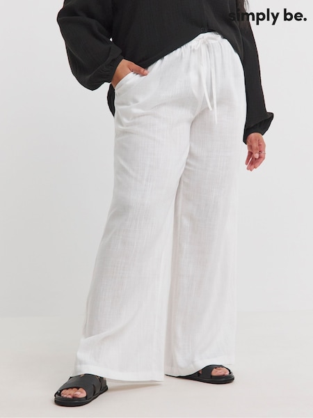 Simply Be White Tie Waist Linen Wide Leg Trousers (W27422) | £34