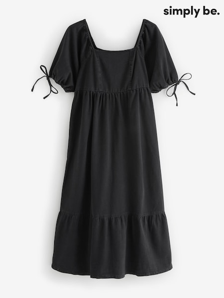 Simply Be Black Midi Shirred Denim Smock Dress (W27427) | £56