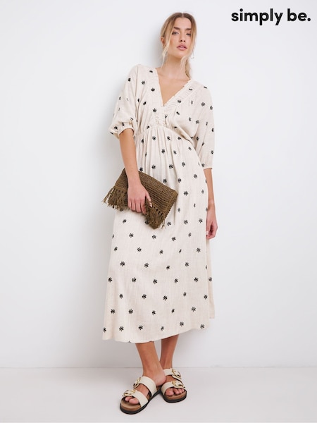 Simply Be Natural Embroidered Linen Dress (W27429) | £65