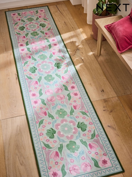 Sage Green Washable Bettie Floral Print Runner (W27434) | £45 - £65
