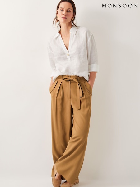 Monsoon Brown Nina Wide Leg 100% Cotton Trousers (W27496) | £0