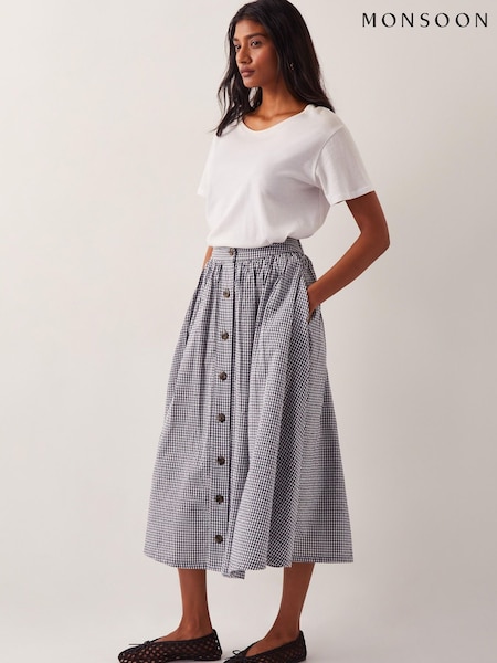 Monsoon Blue Bea Gingham Button Midi 100% Cotton Skirt (W27497) | £59