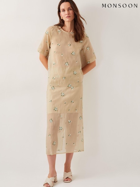 Monsoon Gold Sacha Embroidered Midi Skirt (W27501) | £0