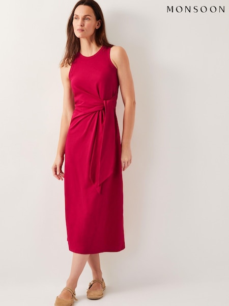 Monsoon Red Sleeveless Tie-Side Column 100% Cotton Midi Dress (W27504) | £75