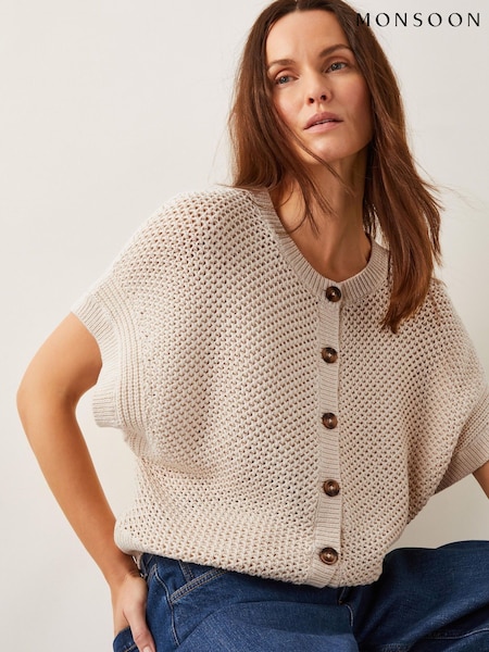 Monsoon Natural Saya Crochet Short Sleeve Cardigan (W27506) | £69