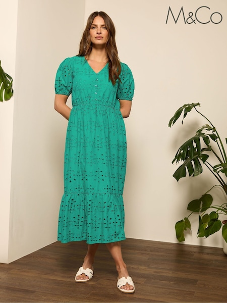 M&Co Green Embroidery Button 100% Cotton Dress (W27580) | £54