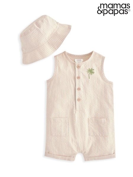 Mamas & Papas Orange Embroidered Stripe Romper and Hat Set (W27663) | £29
