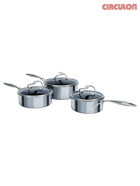Circulon 3 Piece Silver Circulon C Series Steelshield Clad Hybrid Non Stick 16 18 20cm Saucepans Set (W27706) | £240