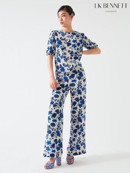 LK Bennett Cream Brielle Birch & Blue Silk China Silk Floral Trousers (W27722) | £249