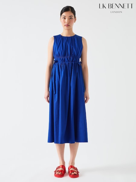 LK Bennett Blue Lea Mazarine Gathered Tie Waist 100% Cotton Dress (W27735) | £199