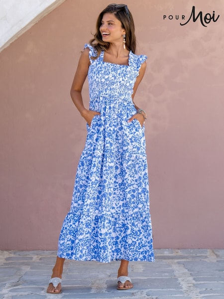 Pour Moi Blue Lucy 100% Cotton Poplin Tiered Maxi Dress (W27759) | £55