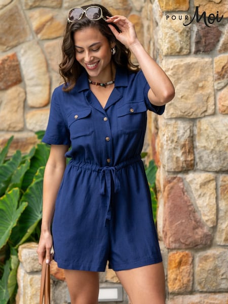 Pour Moi Blue Textured Woven Utility Playsuit (W27760) | £45