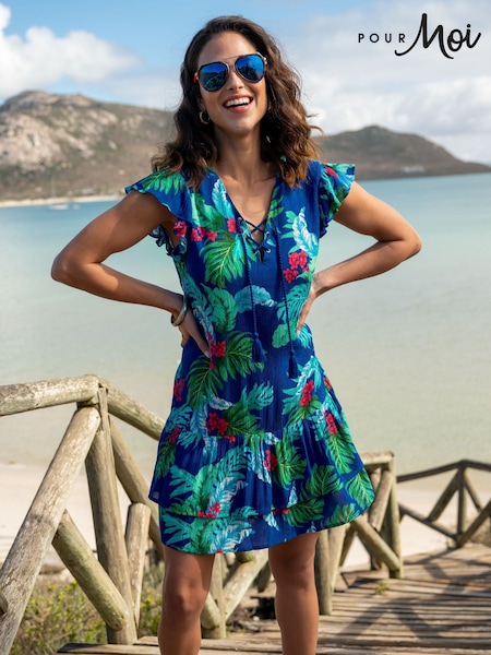 Pour Moi Blue LENZING™ ECOVERO™ Viscose Crinkle Frill Swing 100% Cotton Beach Dress (W27770) | £39