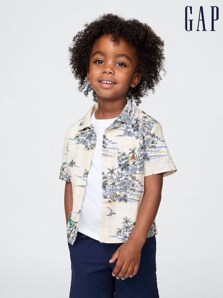 Gap Neutral Print Brannan Bear Linen-Cotton Short Sleeve Shirt (6mths-5yrs) (W27850) | £20
