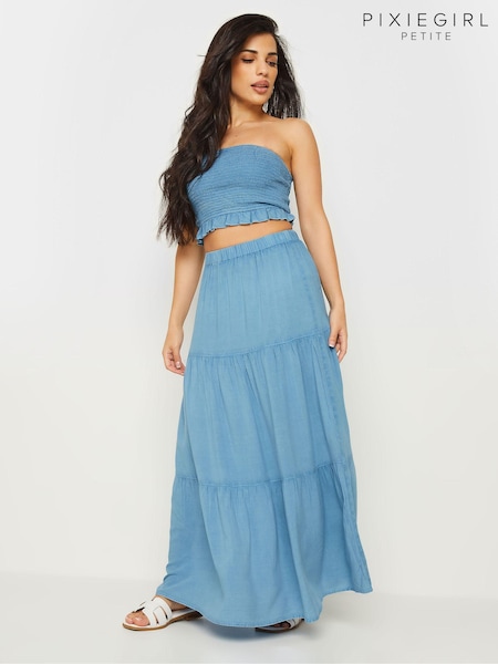 PixieGirl Petite Blue Chambray Tiered Maxi Skirt (W27925) | £29