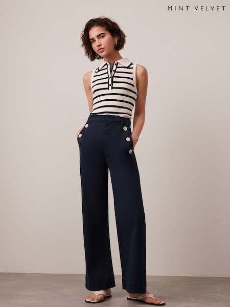 Mint Velvet Blue Button Detail Cropped Wide Trousers (W28197) | £0