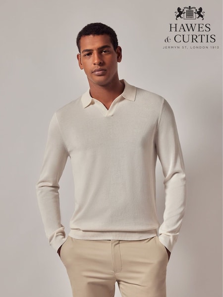 Hawes & Curtis Cream Long Sleeve Open Neck Knitted 100% Cotton Polo Shirt (W28208) | £79