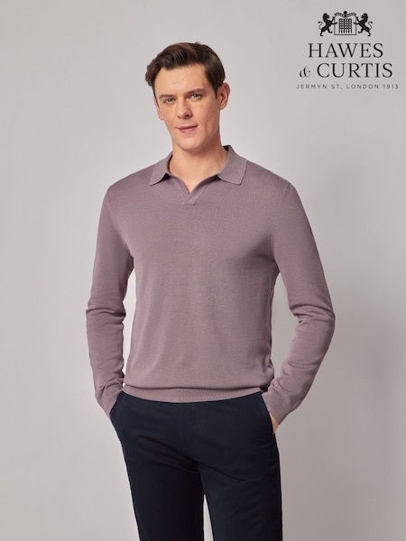 Hawes & Curtis  Long Sleeve Open Neck Knitted 100% Cotton Polo Shirt (W28215) | £79