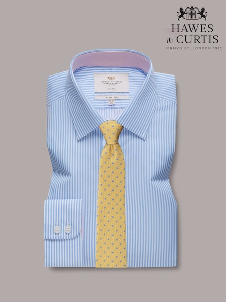 Hawes & Curtis Blue 100% Cotton Bengal Stripe Fitted Slim Shirt (W28217) | £69