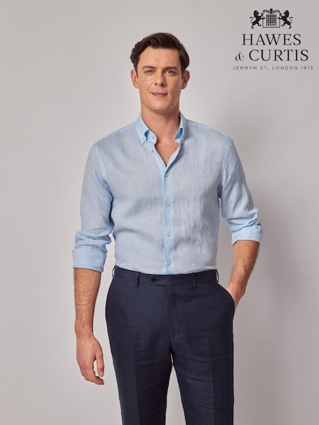 Hawes & Curtis Blue 100% Linen Slim Shirt (W28228) | £75