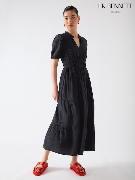 LK Bennett Black Felicity Spring Gather Detail 100% Cotton Dress (W28283) | £199