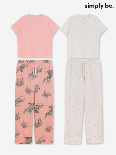 Simply Be Pink Ribbed T-Shirt Pyjamas Set 2 Pack (W28304) | £40