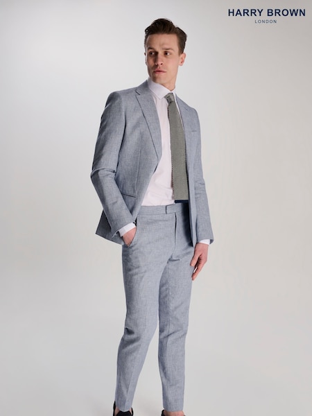 Harry Brown Blue Giacomo Slim Fit Cotton Linen Suit Trousers (W28342) | £0