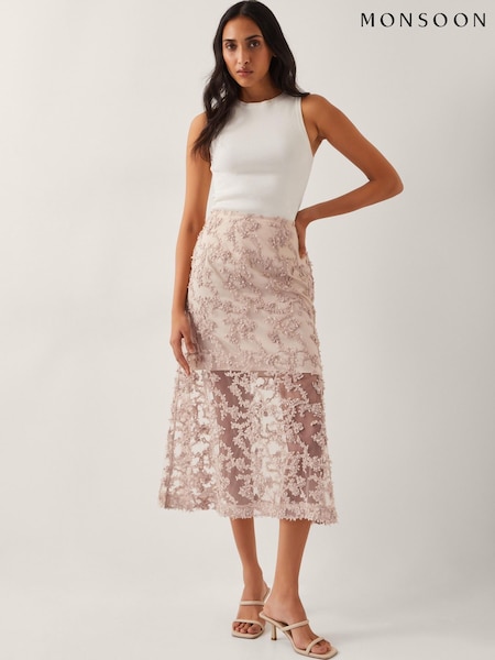 Monsoon Nude Alanna Sheer Appliqué Midi Skirt (W28409) | £69