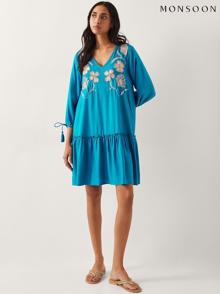 Monsoon Blue Tracy Floral Embellished Mini Kaftan (W28410) | £80