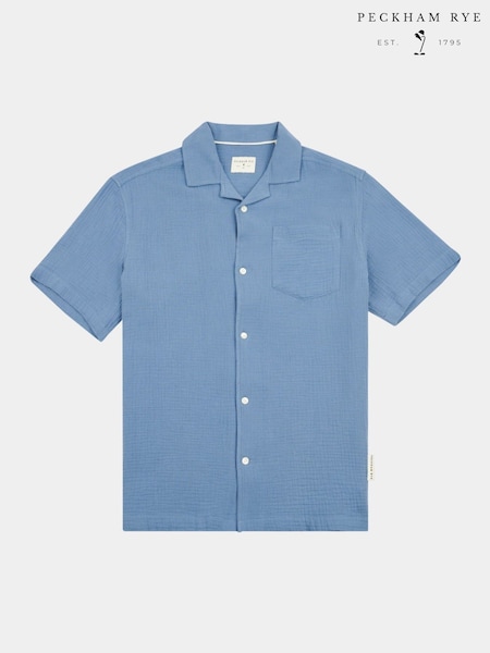 Peckham Rye Blue Mens Waffle Revere 100% Cotton Shirt (W28423) | £50