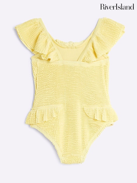 River Island Yellow Girls Textured Frill Swimsuit (W28455) | £15
