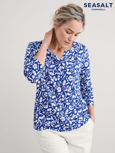 Seasalt Cornwall Blue Gypsophilia Notch Neck 100% Cotton Top (W28510) | £40