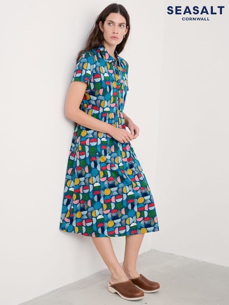 Seasalt Cornwall Blue Chrome Mainland Jersey Midi 100% Cotton Dress (W28577) | £66
