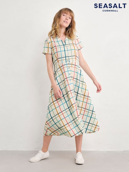 Seasalt Cornwall Cream Carved Wood Midi 100% Linen Dress (W28579) | £80