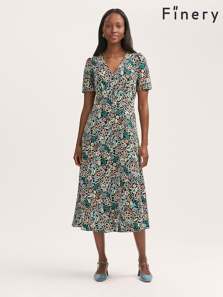 Finery Black Martina Floral Print Midi Tea Dress (W28605) | £45