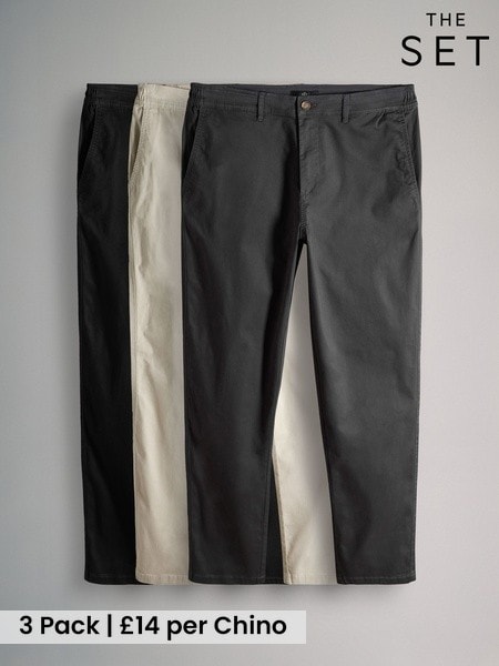 The Set 3 Pack Slim Leg Chino Trousers Black/Brown/Cream (W28696) | £42