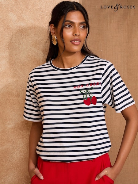 Love & Roses Ivory Stripe Cherry Mon Cheri Crew Neck T-Shirt (W28746) | £26