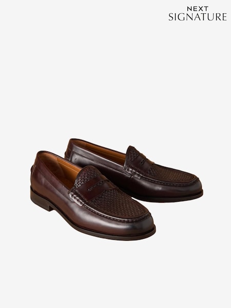 Brown Signature Leather Sole Woven Loafers (W28828) | £95