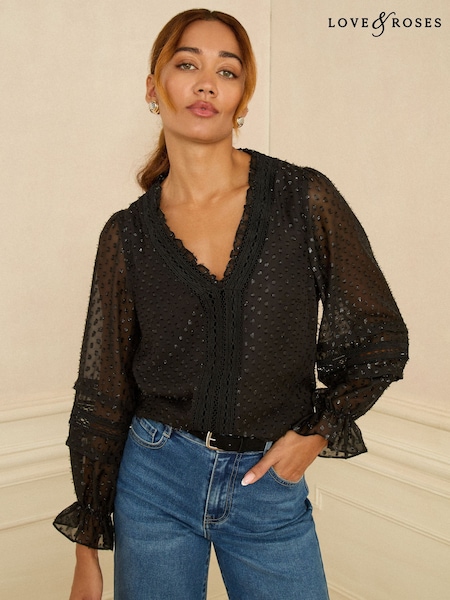 Love & Roses Black Long Sleeve Metallic Dobby Velvet Blouse (W28842) | £44