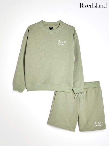 River Island Green Boys Ame Le Nuit Crew Sweat Top And Shorts Set (W29026) | £29