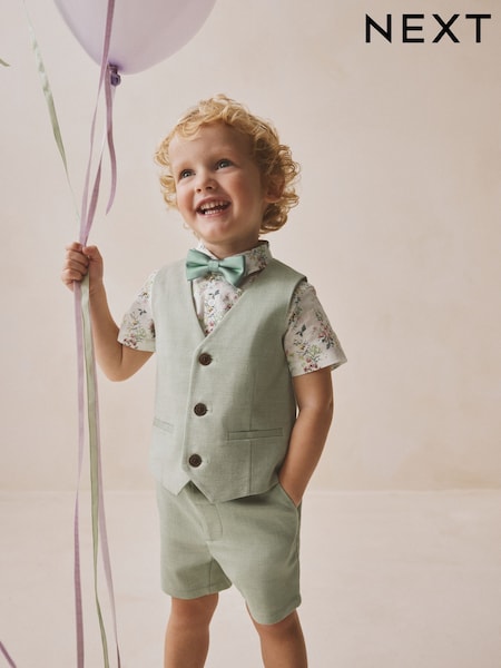 Sage Green Waistcoat, Shirt, Shorts & Tie Set (3mths-9yrs) (W29193) | £36 - £42