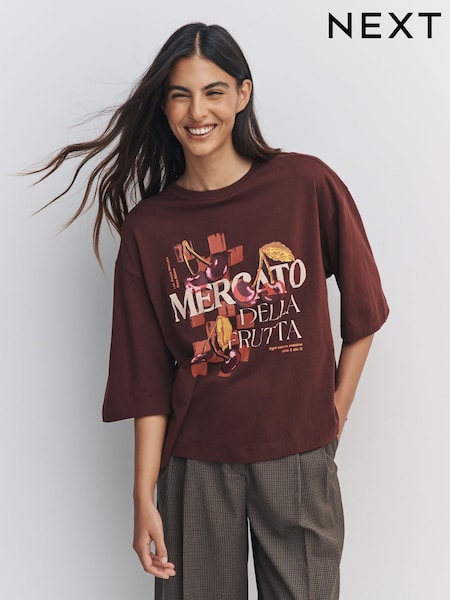 Chocolate Brown Cherry Graphic Short Sleeve Crew Neck Boxy T-Shirt (W29214) | £12