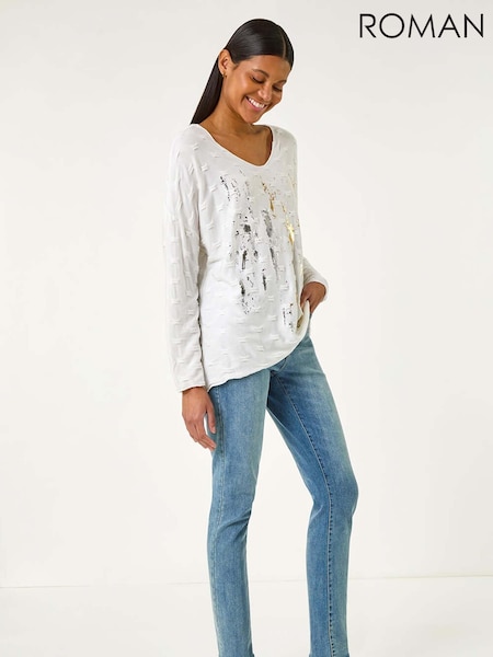 Roman White Textured Foil Snit V-Neck Tunics (W29222) | £42