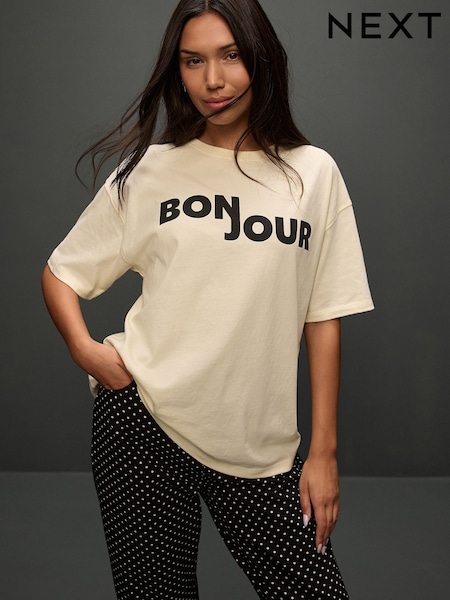 Black/White Short Sleeve Graphic Print Bonjour Crew Neck T-Shirt (W29224) | £19