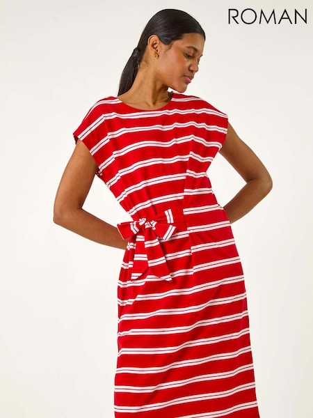 Roman Red Stripe Tie Side Stretch Midi Dress (W29230) | £42