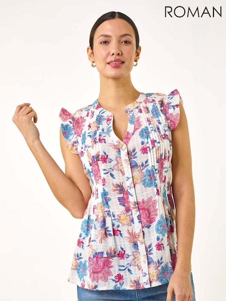 Roman Pink Floral Print Pintuck Frill 100% Cotton Blouse (W29234) | £36