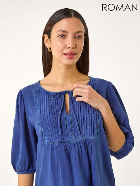 Roman Blue Pleated Tie Neck Top (W29250) | £36